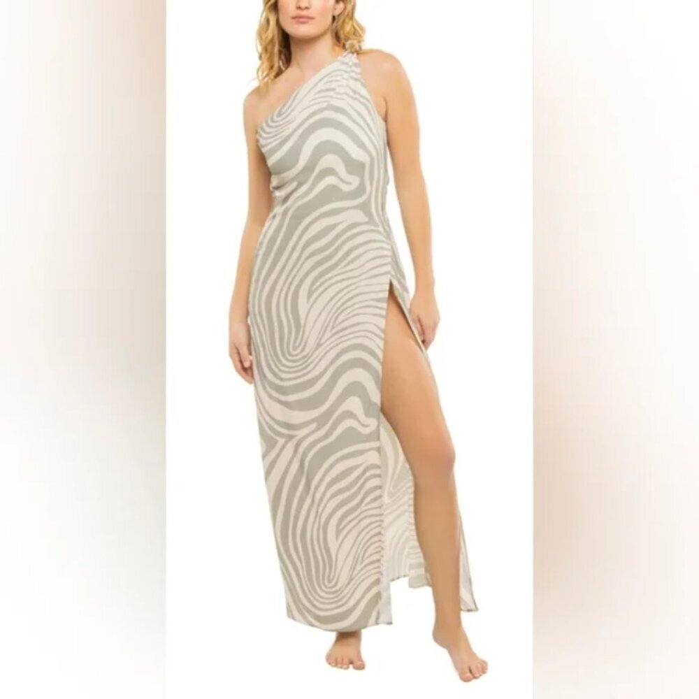 Misa Los Angeles Persephone Gray Abstract Zebra One Shoulder Maxi Dress S